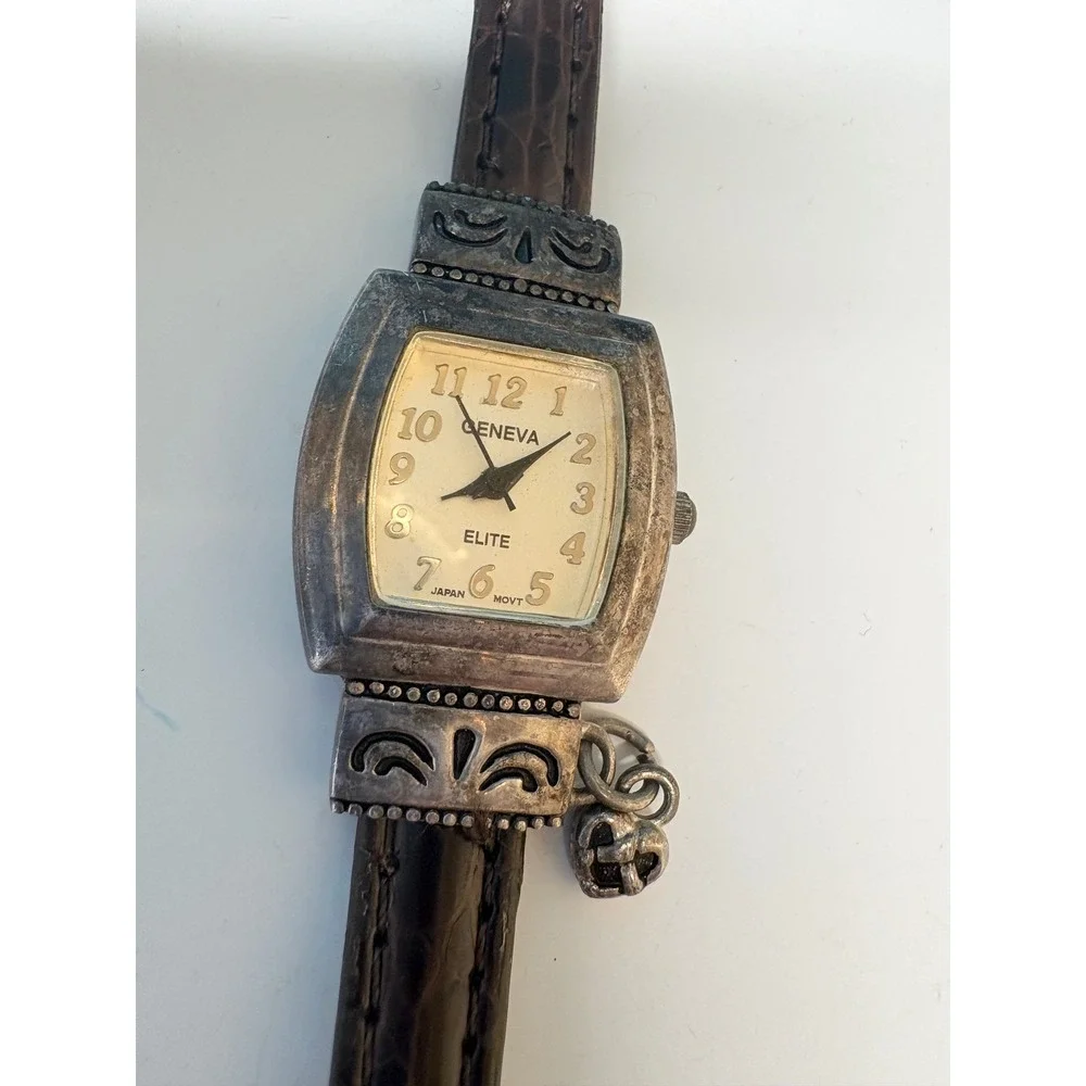 Geneva Elite Vintage Style Brown Leather Ornate‎ Silver Tone Heart Charm Watch